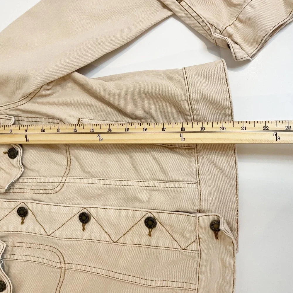 Free People Womens Tan Denim Trucker Jacket Beige Cotton Zig Zag Stitch Large - Picture 7 of 7